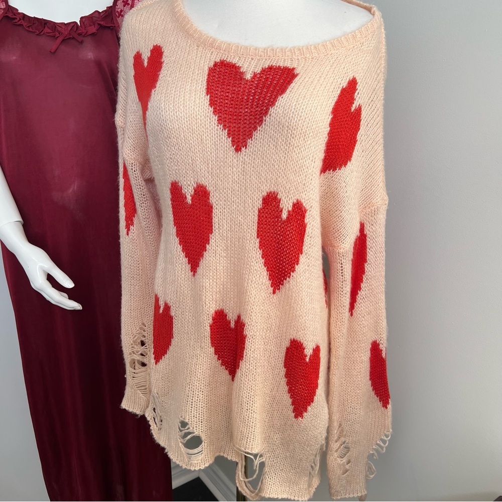 Wildfox Heart Print Distressed Knit Sweater – Oversized Slouchy S - Picture 4 of 7